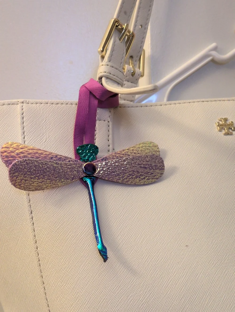 Hand Made Leather Iridescent Dragonfly Bag Charm — Purple Accent
